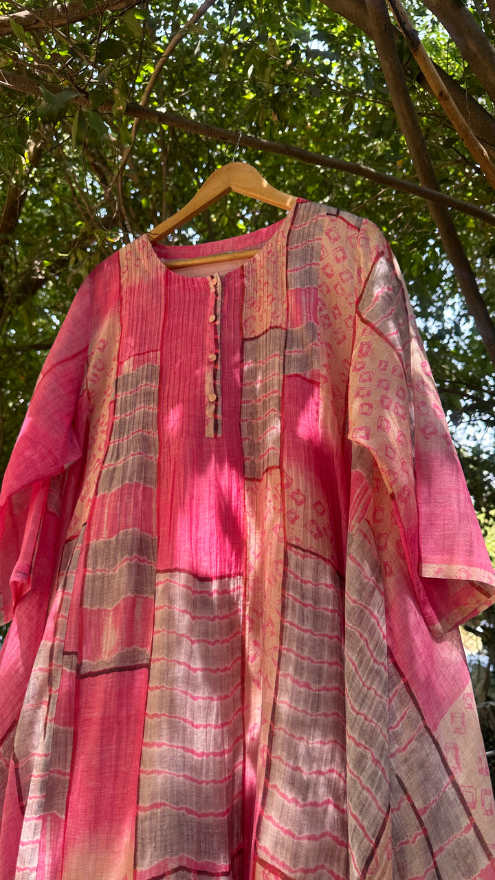 Pink Abstract Print Cotton Pintucked Dress