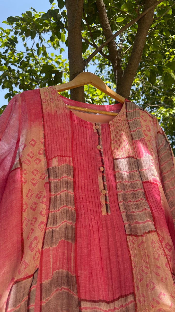 Pink Abstract Print Cotton Pintucked Dress