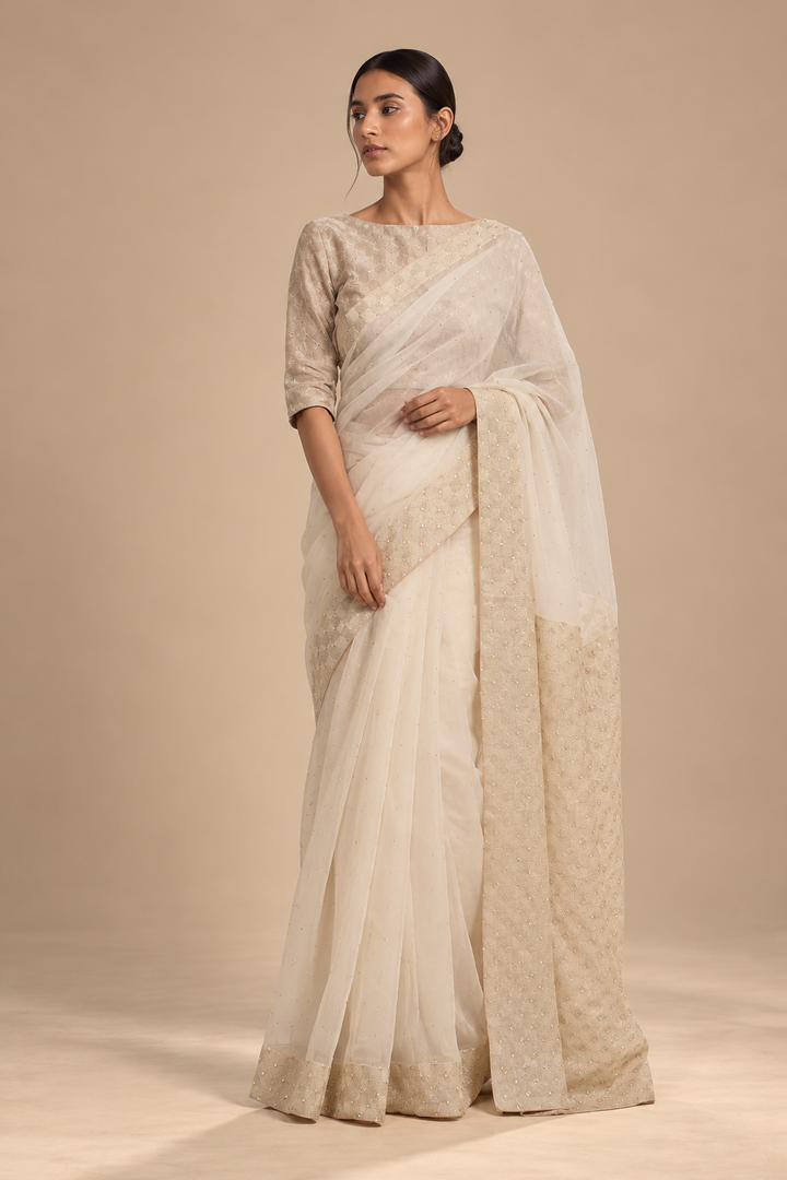 Ivory Embroidered Chanderi Saree