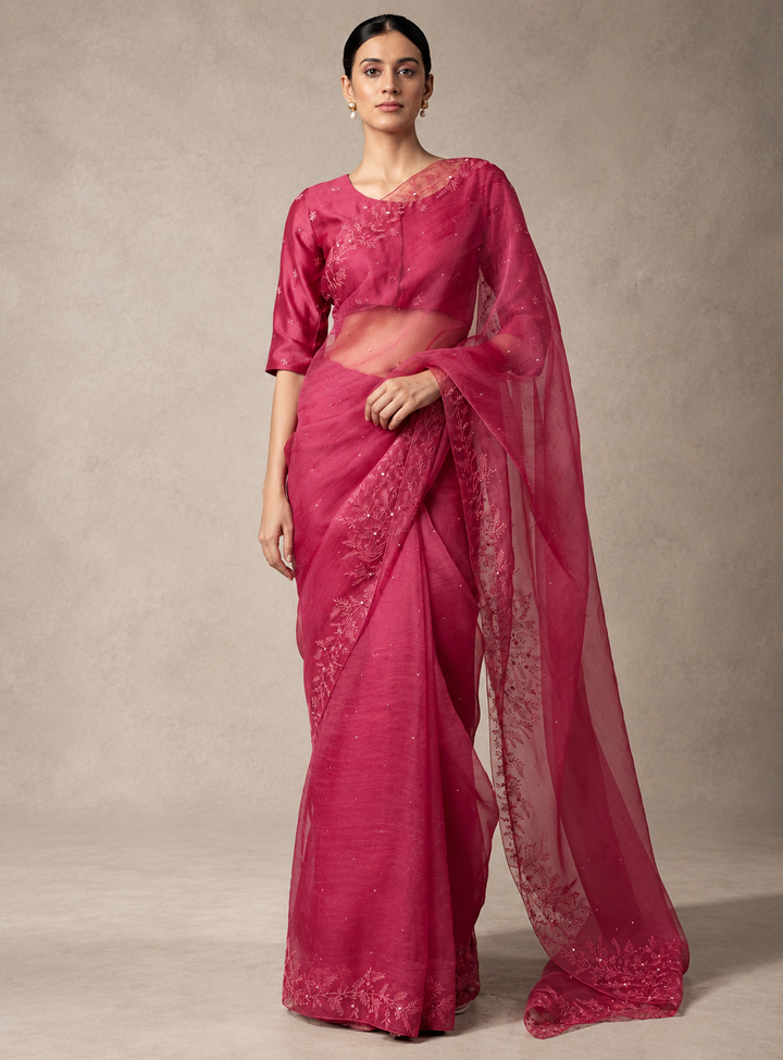 Rose Pink Hand Embroidered Organza Saree