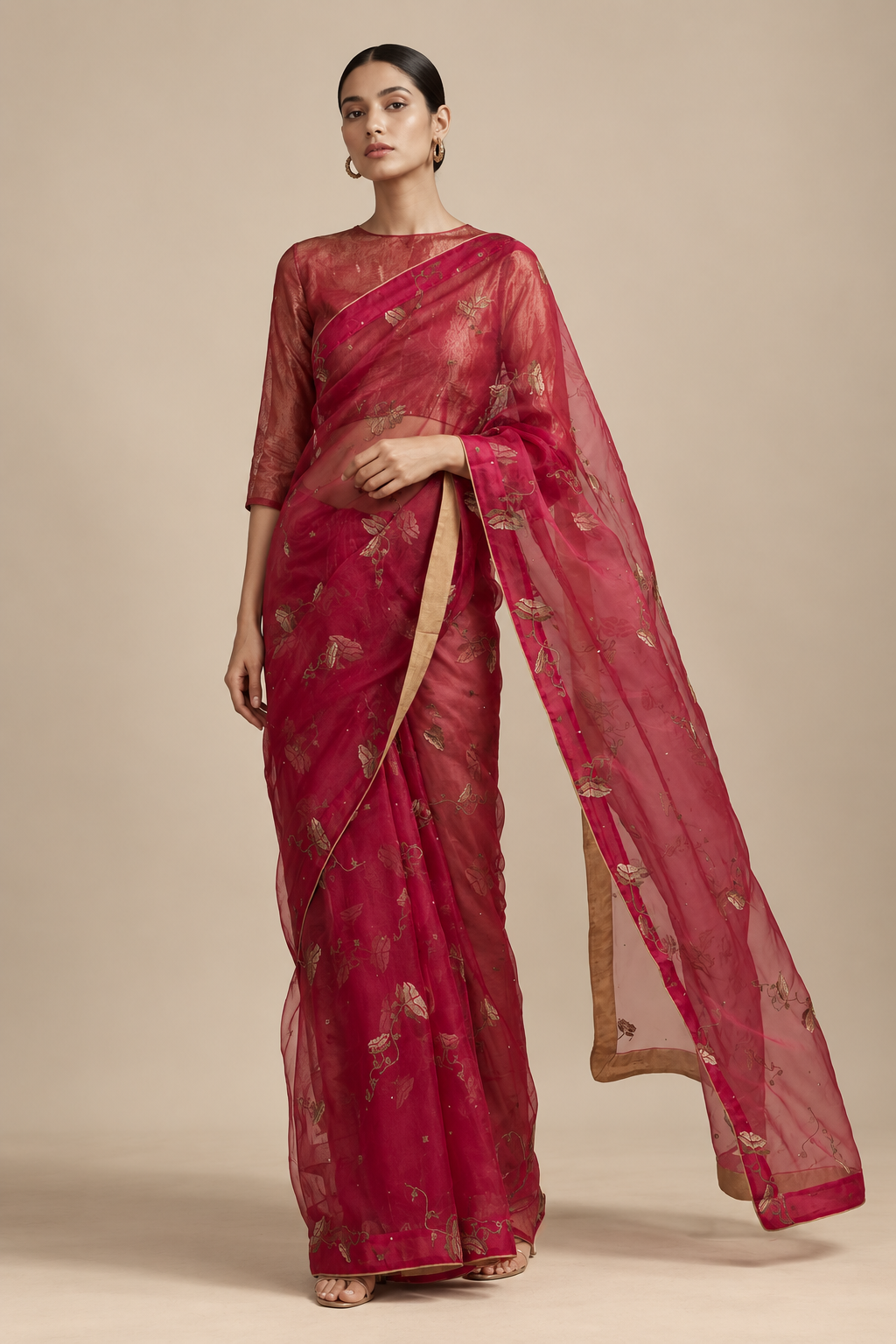 Rani Pink embroidered organza saree