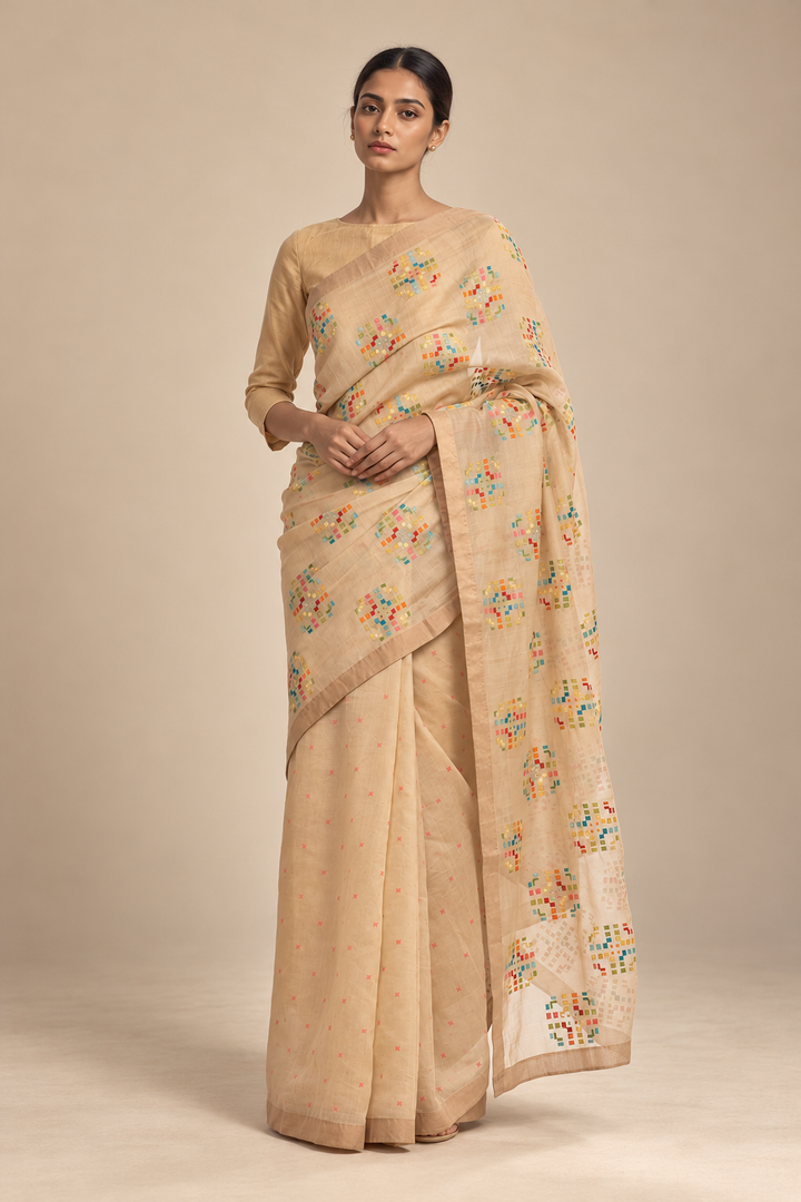 Beige Embroidered Chanderi Saree