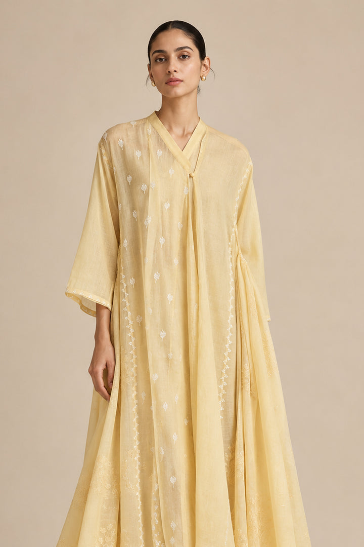 Yellow Embroidered Cotton Choga