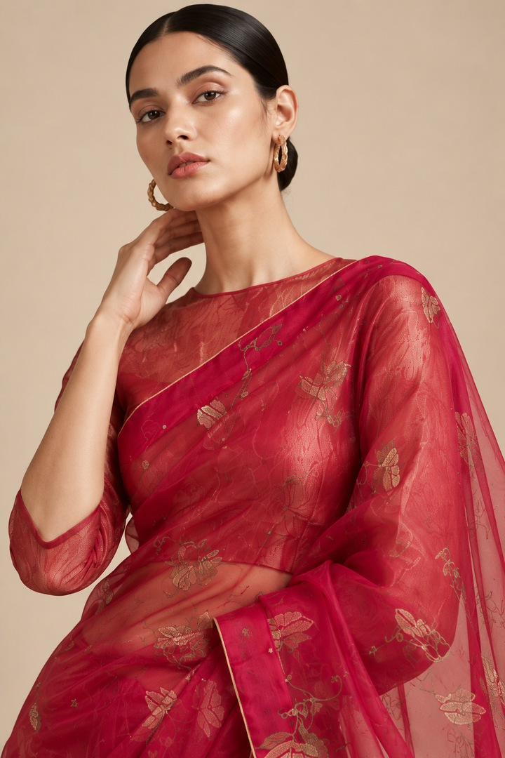 Rani Pink embroidered organza saree