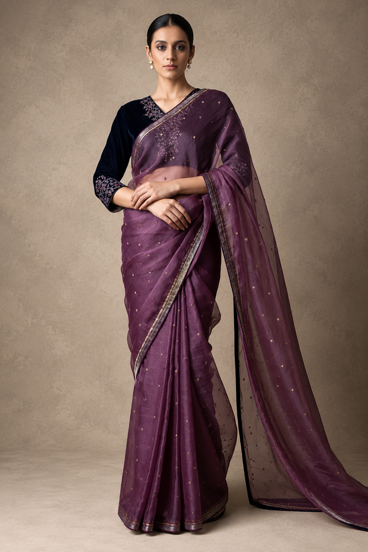 Purple Hand Embroidered Organza Saree
