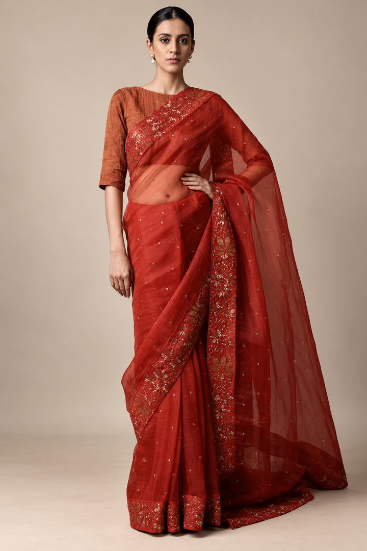 Rust Embroidered Organza Saree