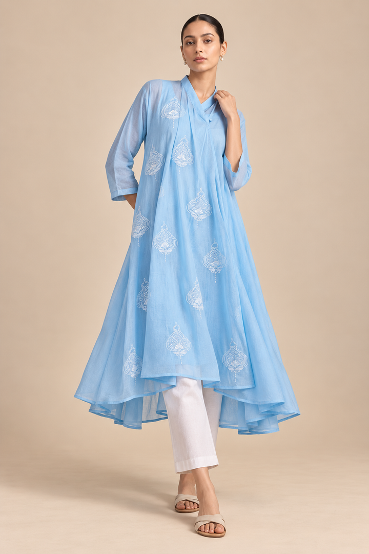 Sky Blue Embroidered Cotton Choga