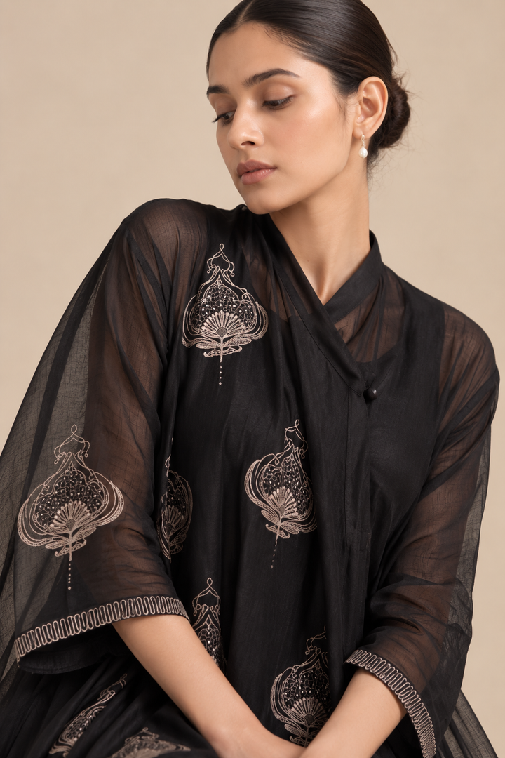 Black Embroidered Cotton Choga