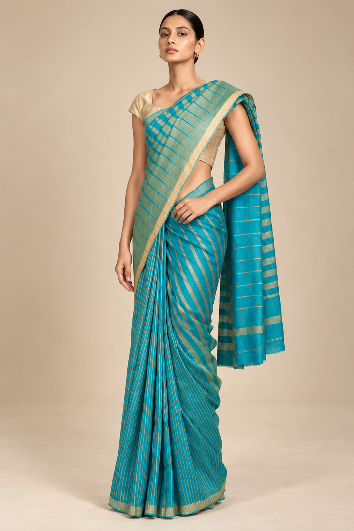 Turquoise Blue Handwoven Cotton Saree