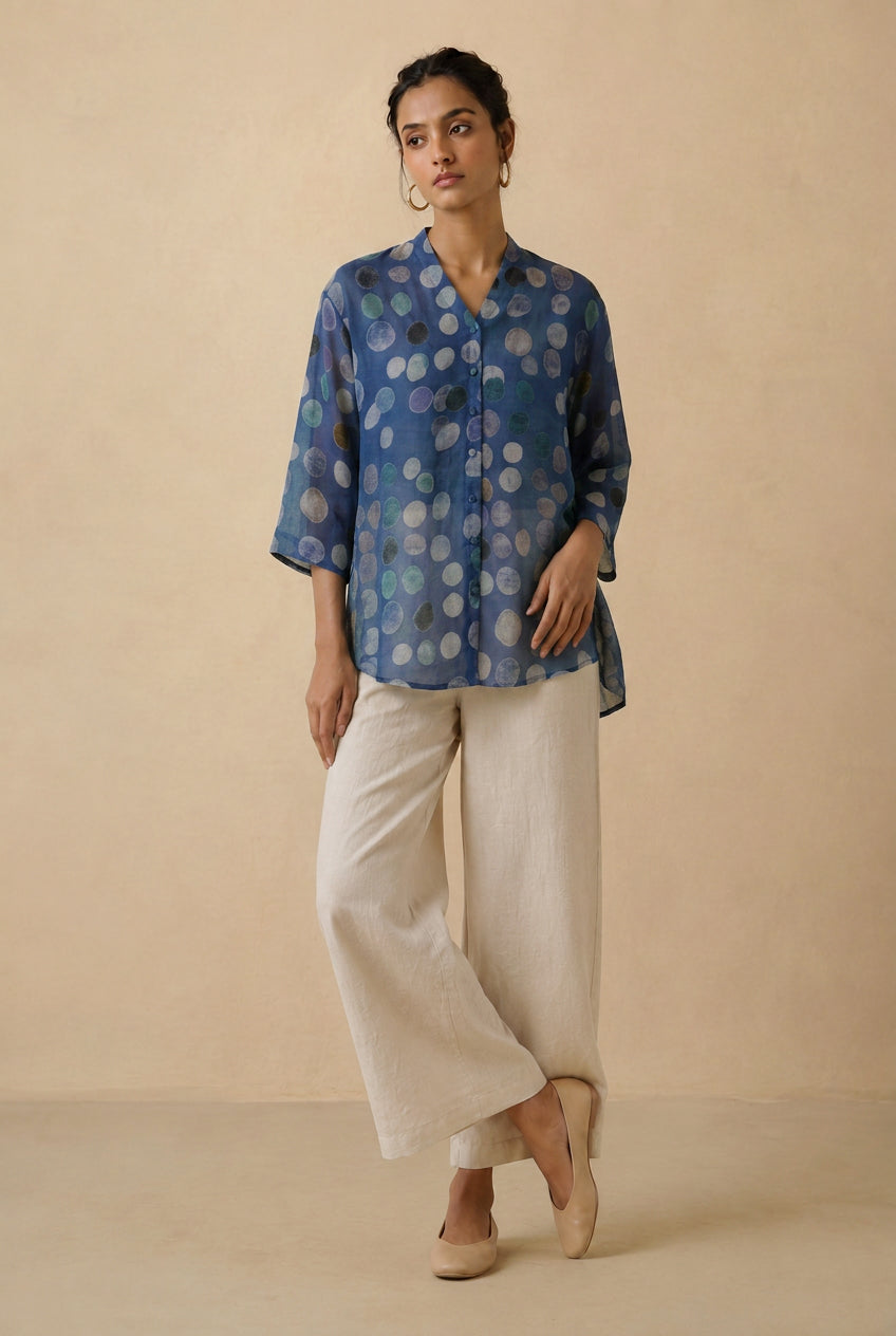 Indigo Polka Printed Cotton Oversized Shirt