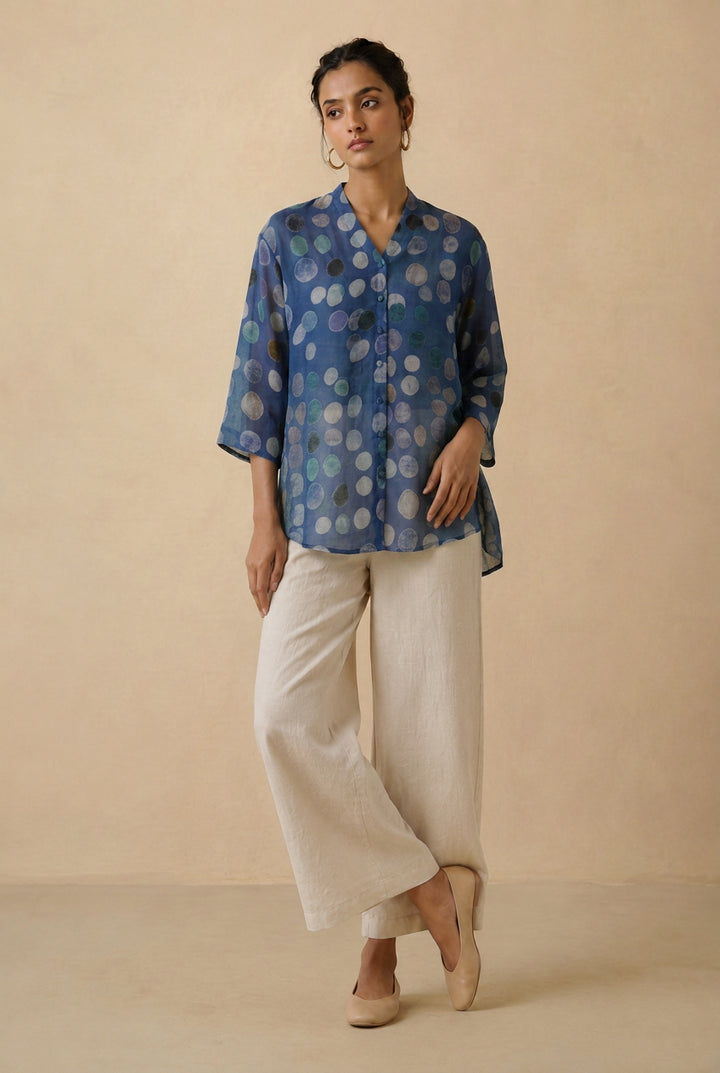 Indigo Polka Printed Cotton Oversized Shirt