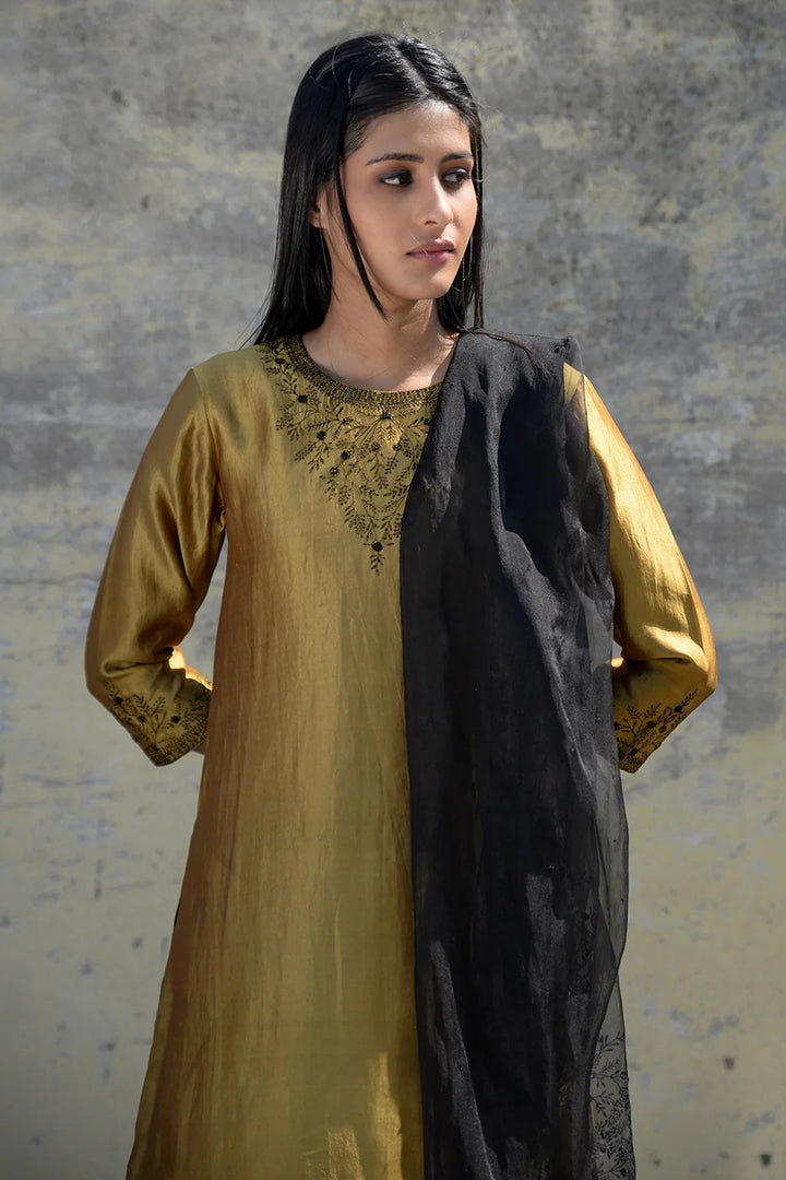 Jasmine Border Dupion Silk Kurta Set With Embroidered Organza Dupatta