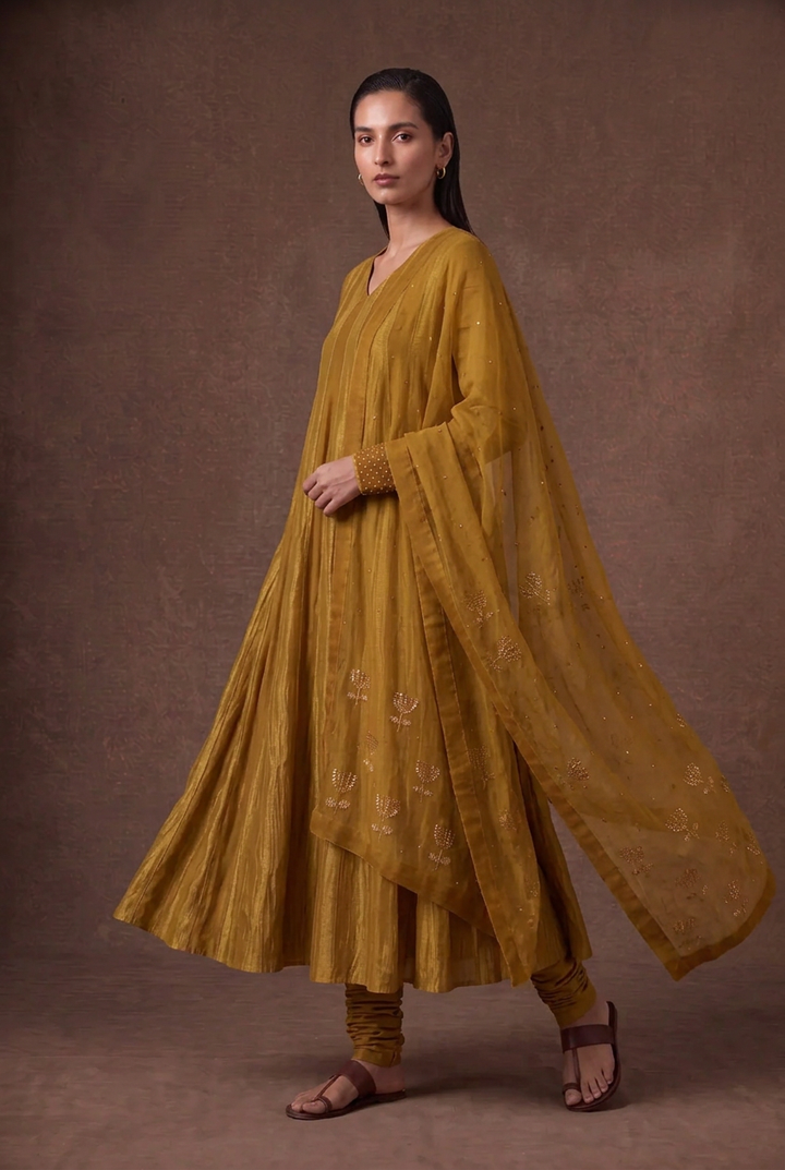 Mustard Tissue Stripe Kurta Set