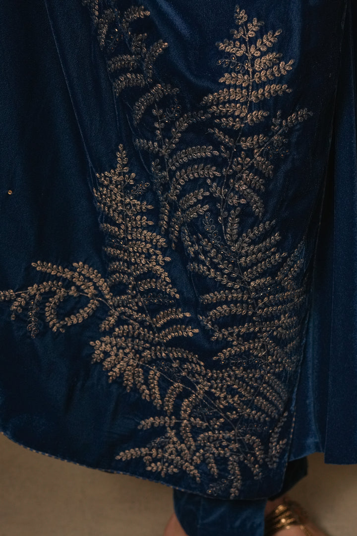 Turquoise Hand Embroidered Velvet Dupatta