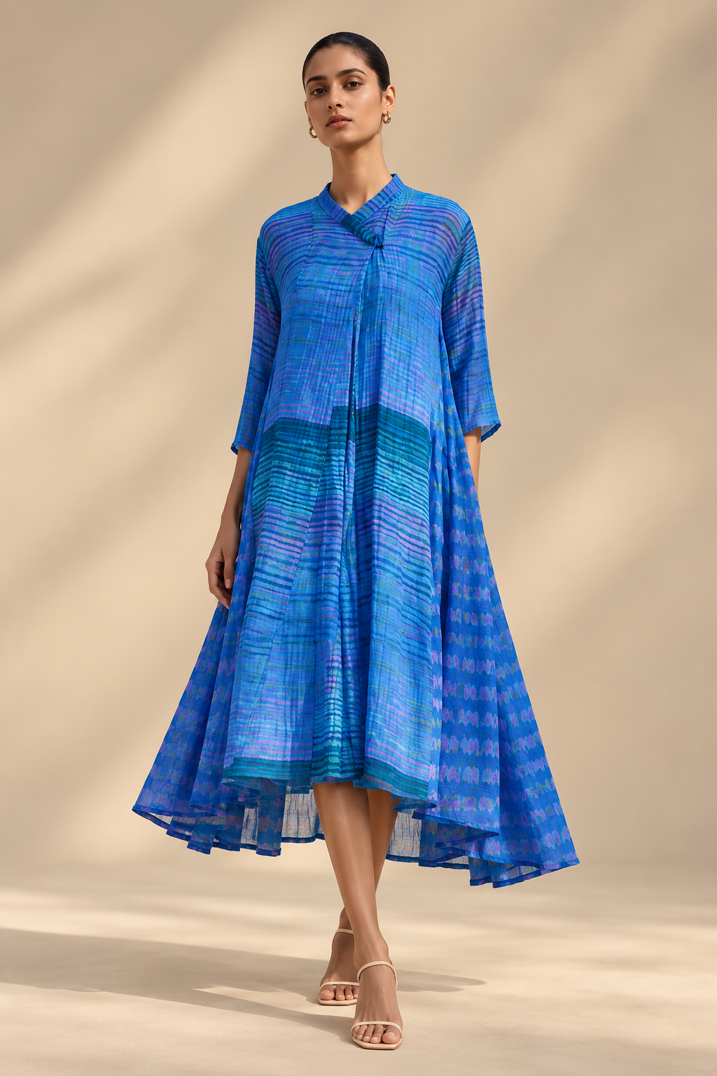Blue Printed Stripe Chanderi Choga