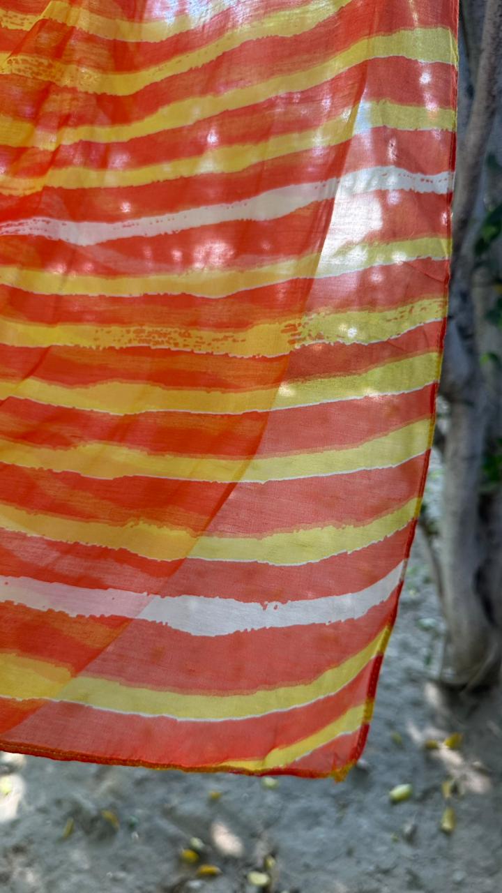 Orange Printed Stripes Cotton Scarf
