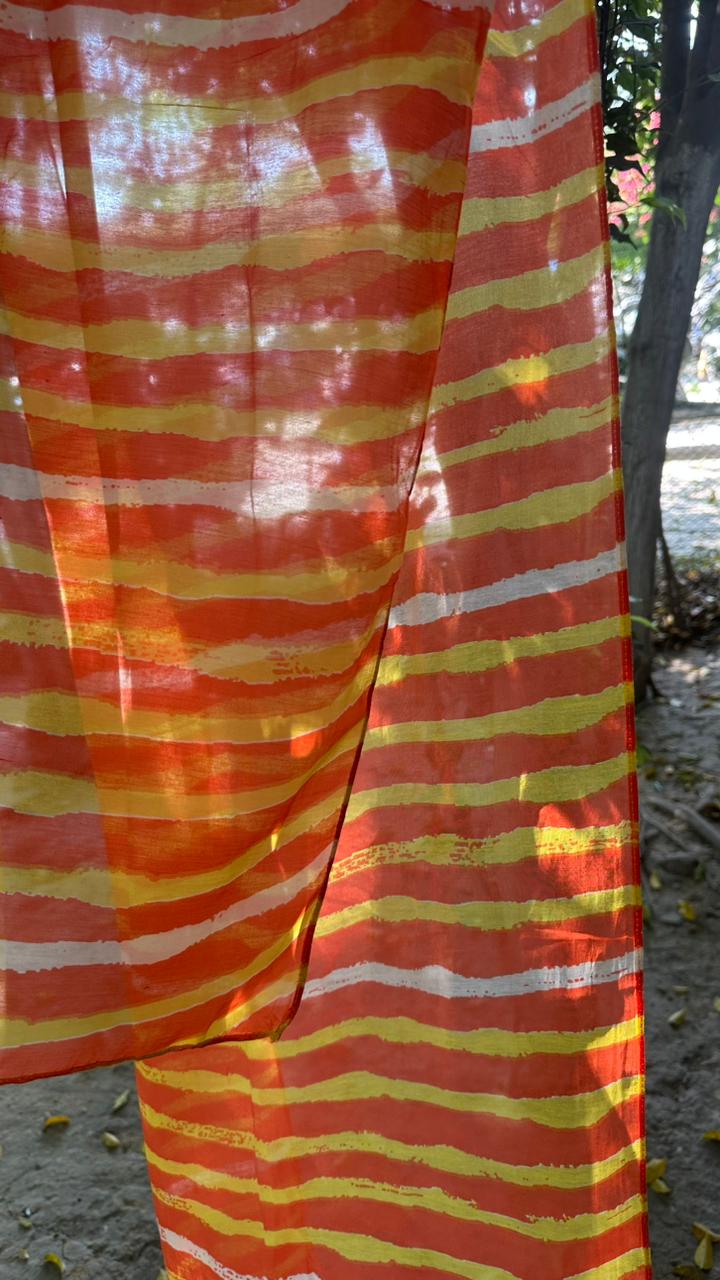 Orange Printed Stripes Cotton Scarf