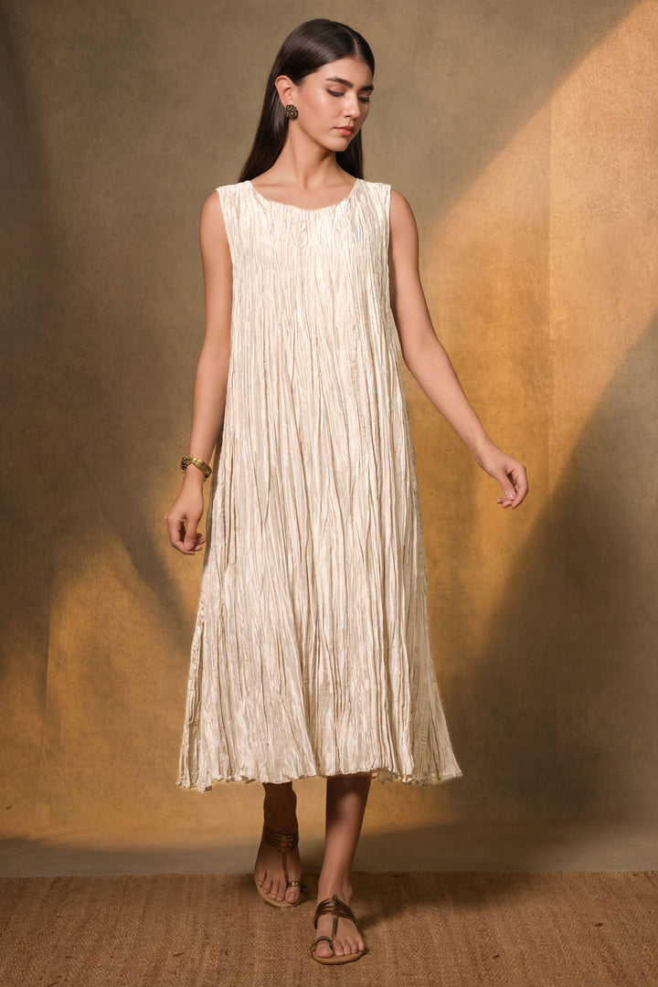 Natural Crinkled Chanderi Dress with Textured Embroidered Jacket