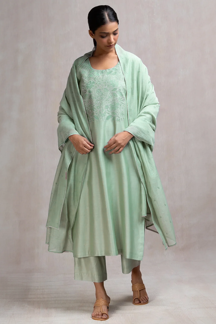 Mint Thread & Zari Embroidered Kurta Set with Pants & Dupatta
