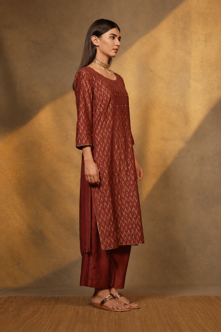Rust Embroidered Cotton Silk Kurta with Pants and Dupatta
