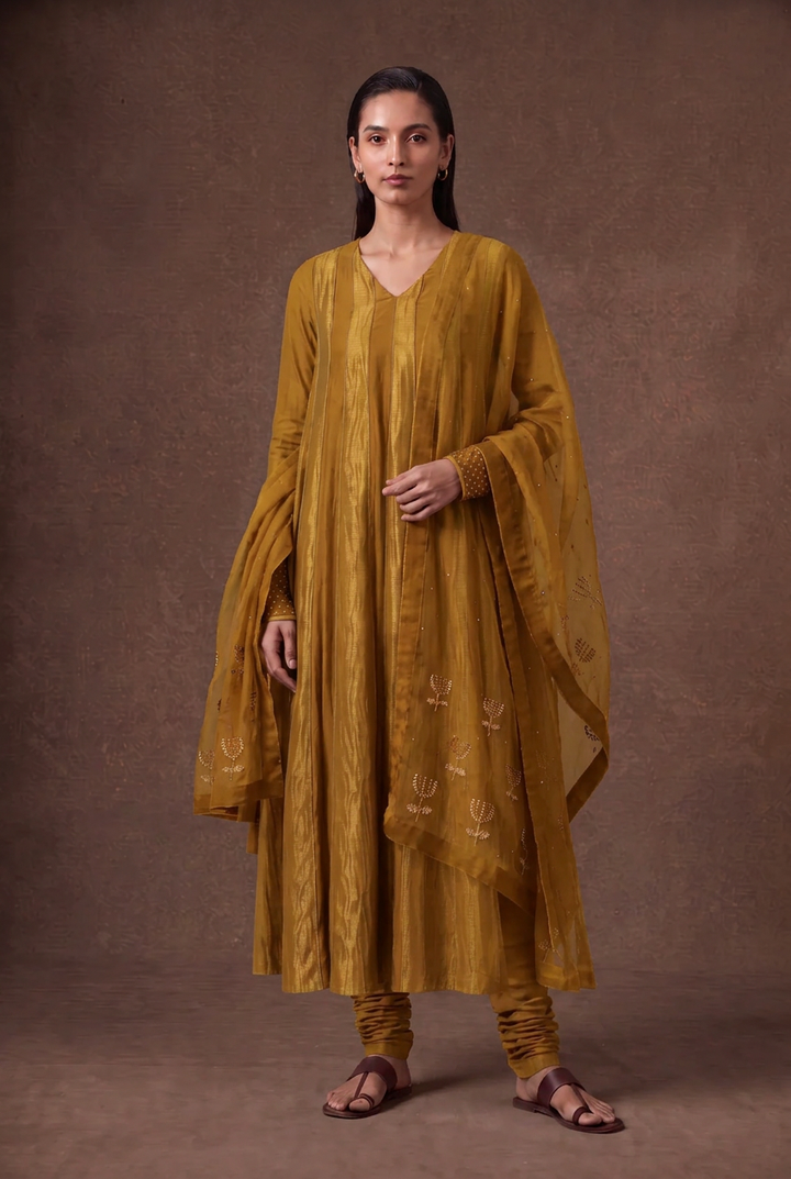 Mustard Tissue Stripe Kurta Set