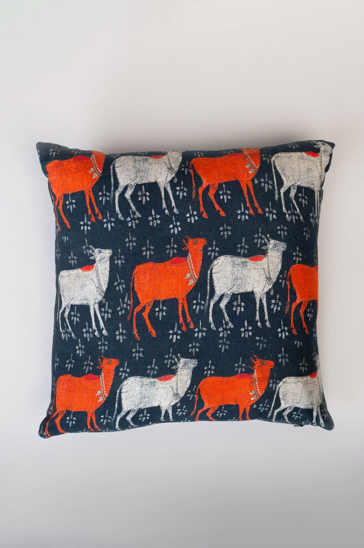 Navy Blue Printed Cotton Cushion Cover