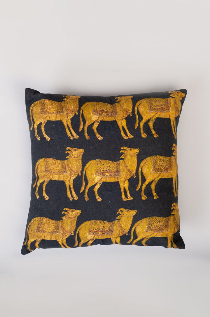 Black Yellow Cow Printed Cotton Cushion Cover