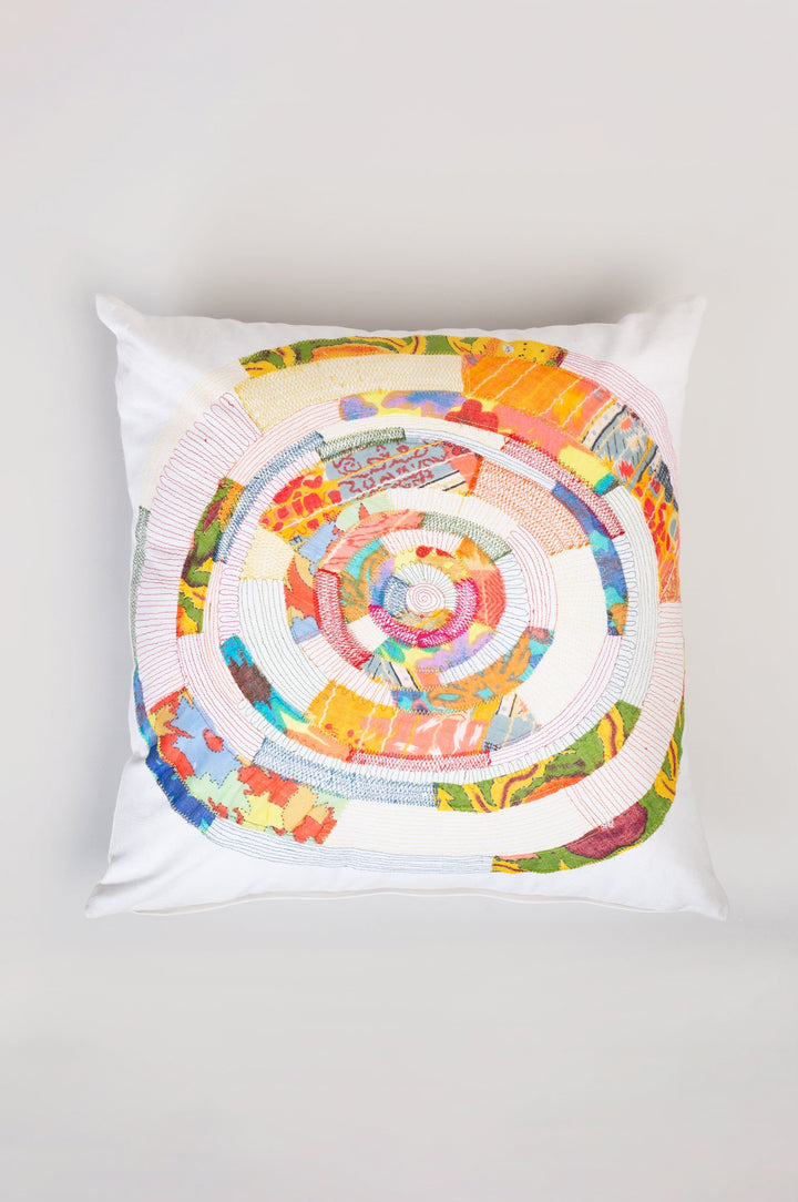White Patch work Embroidered Cotton Cushion Cover