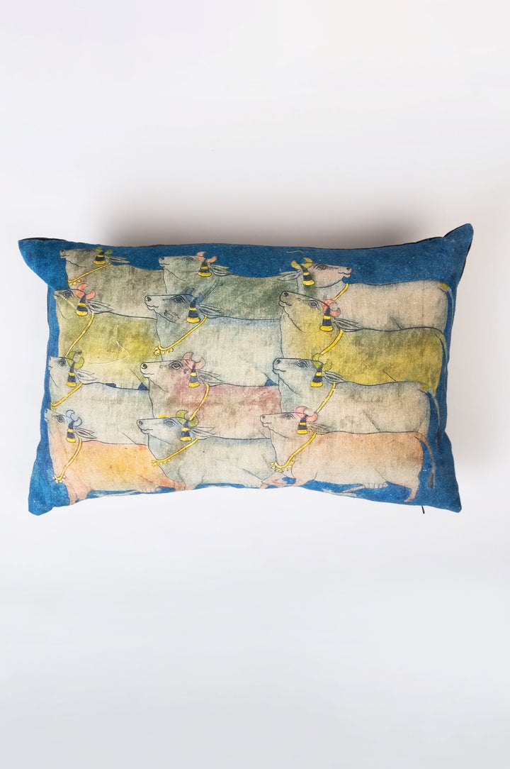 Blue Cow Printed Cotton Cushion Cover