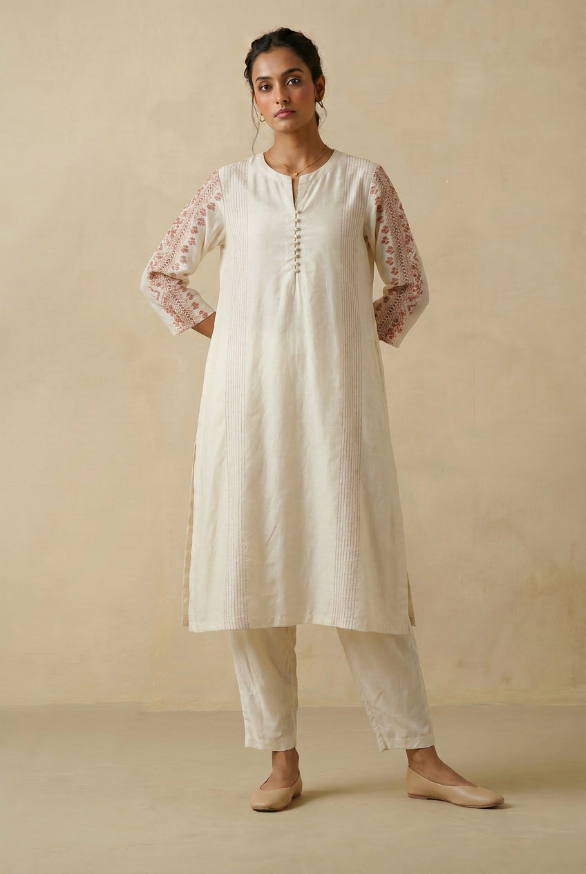 Off White & Peach Embroidered Cotton Silk Kurta Set