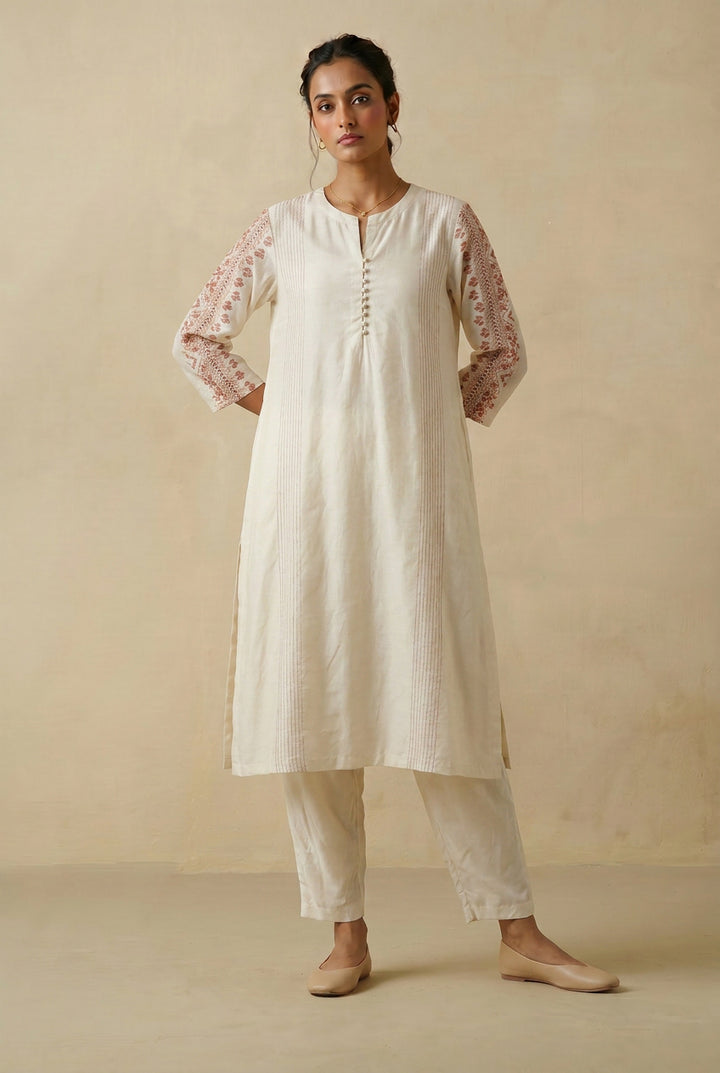Off White & Peach Embroidered Cotton Silk Kurta Set