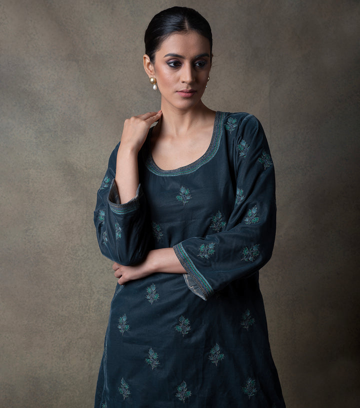 Blue Hand Embroidered Velvet Suit set