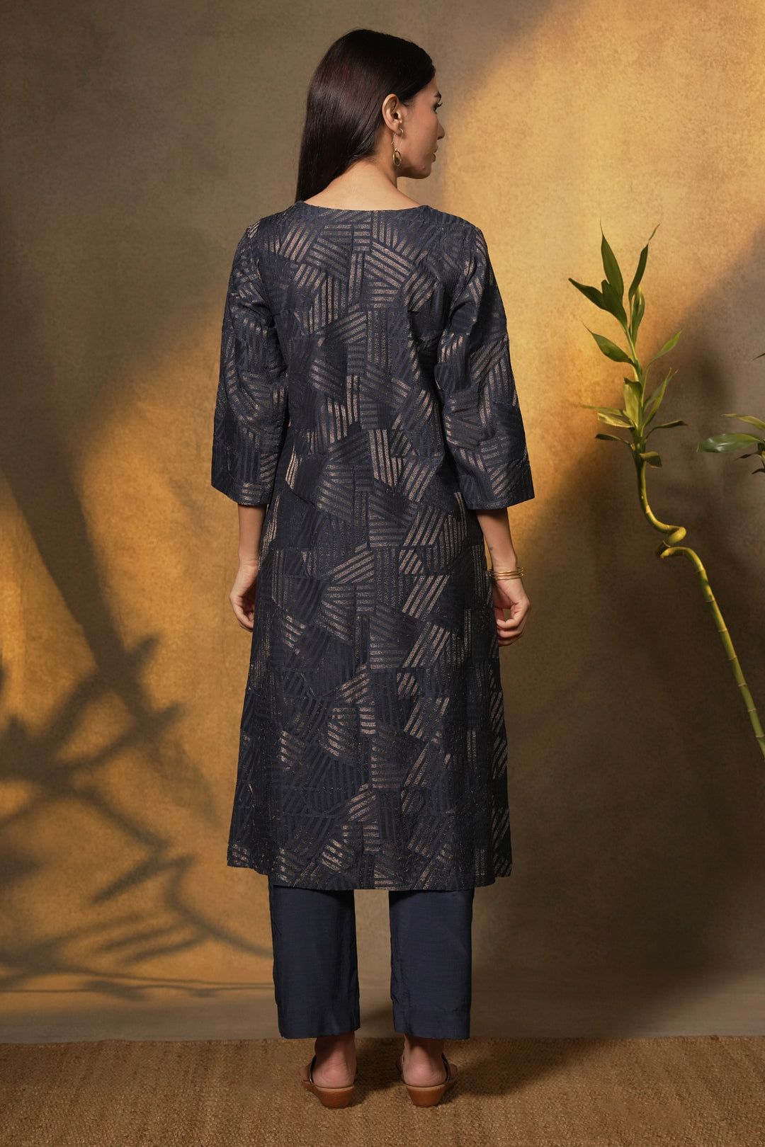 Navy Embroidered Cotton Silk Kurta with Pants and Dupatta