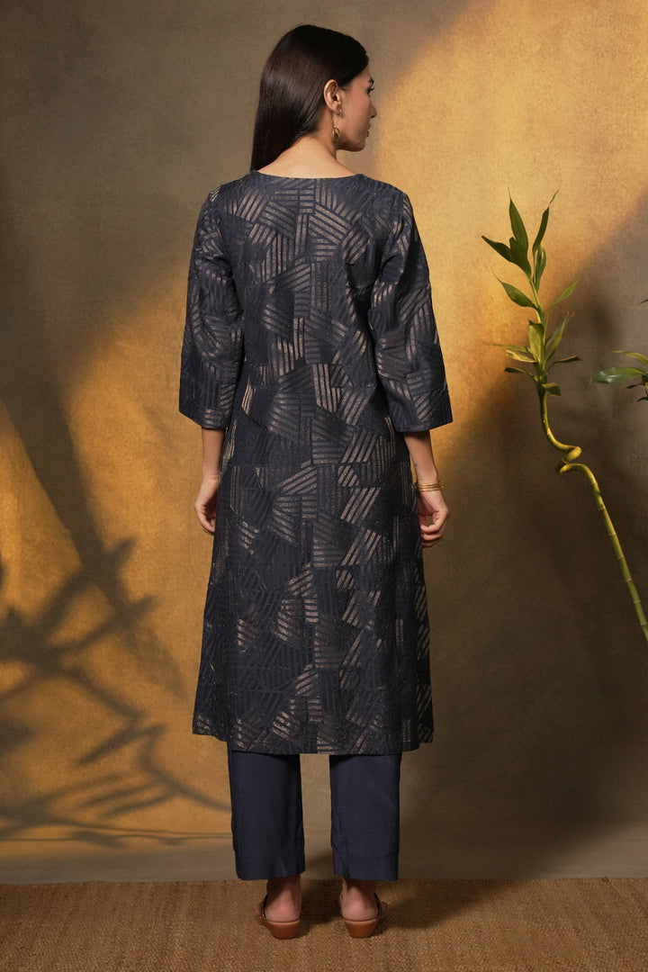 Navy Embroidered Cotton Silk Kurta with Pants and Dupatta