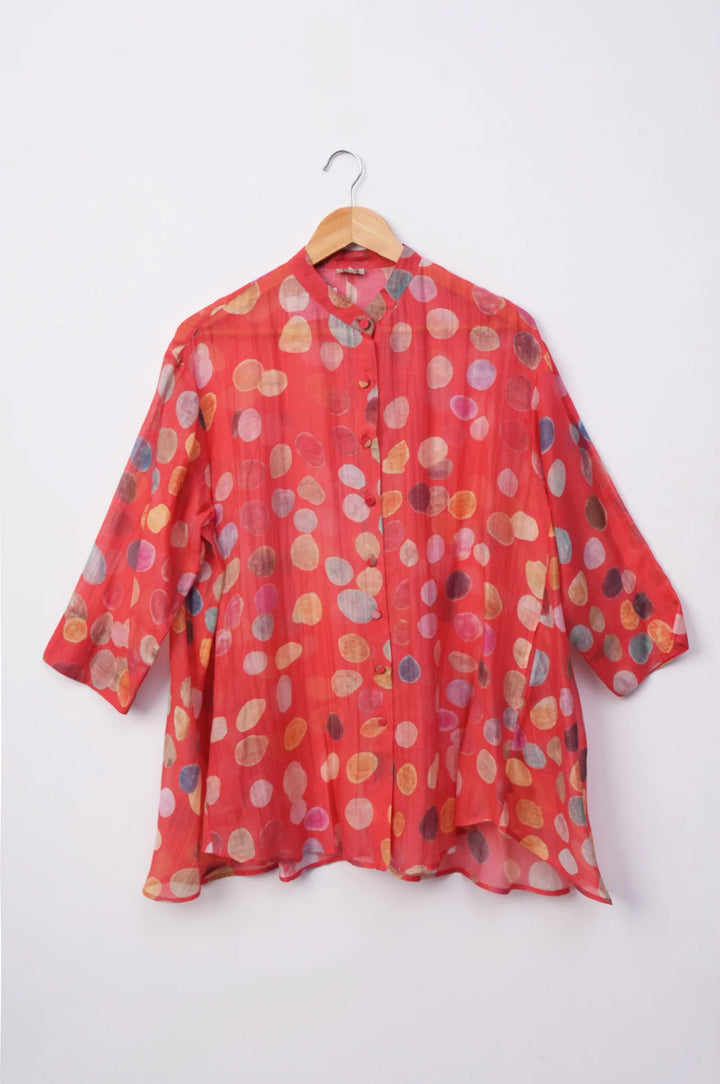 Red Polka Dot Printed Chanderi Oversized Shirt