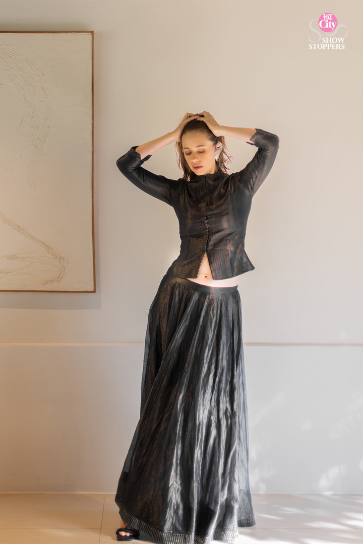 Kalki Koechlin in Navy Hand Embroidered Tissue Lehenga with Blouse & Organza Dupatta