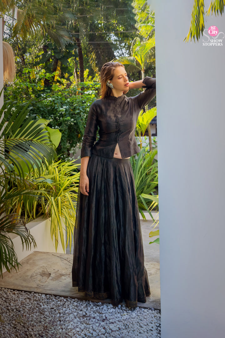 Kalki Koechlin in Navy Hand Embroidered Tissue Lehenga with Blouse & Organza Dupatta