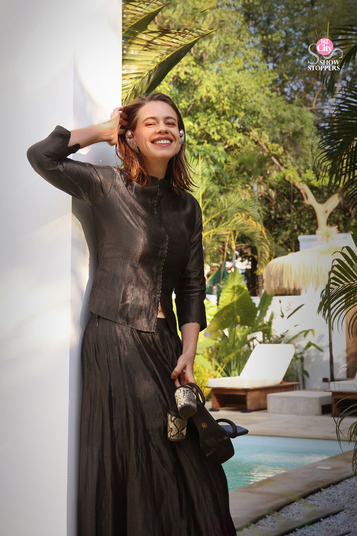 Kalki Koechlin in Navy Hand Embroidered Tissue Lehenga with Blouse & Organza Dupatta