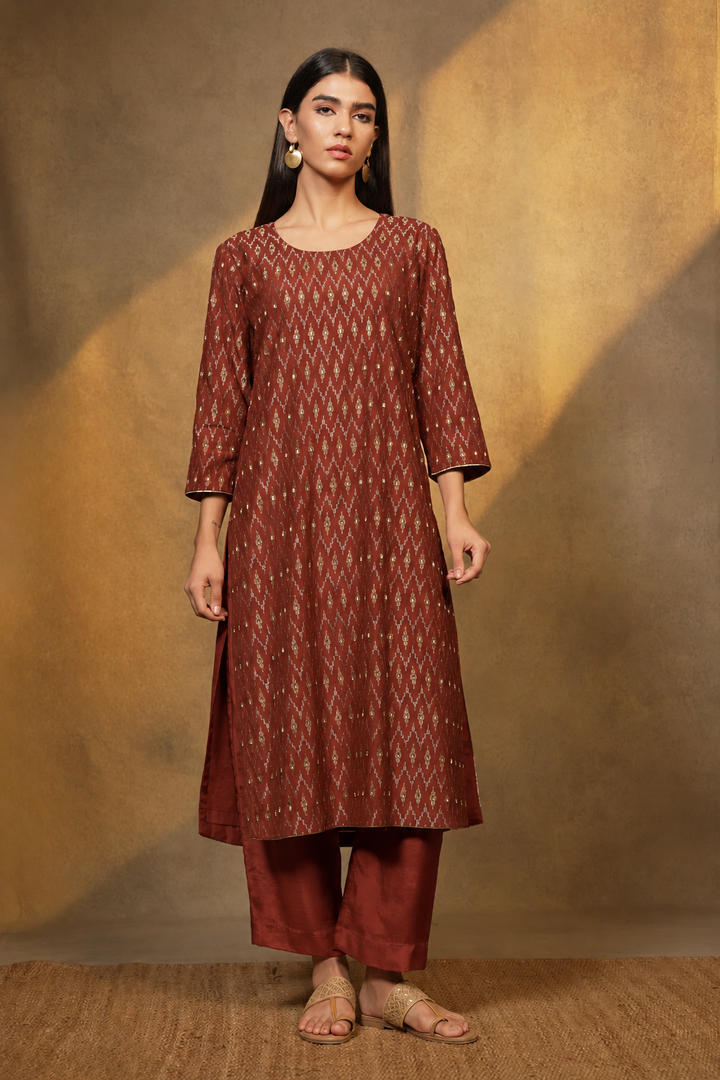 Rust Embroidered Cotton Silk Kurta with Pants and Dupatta