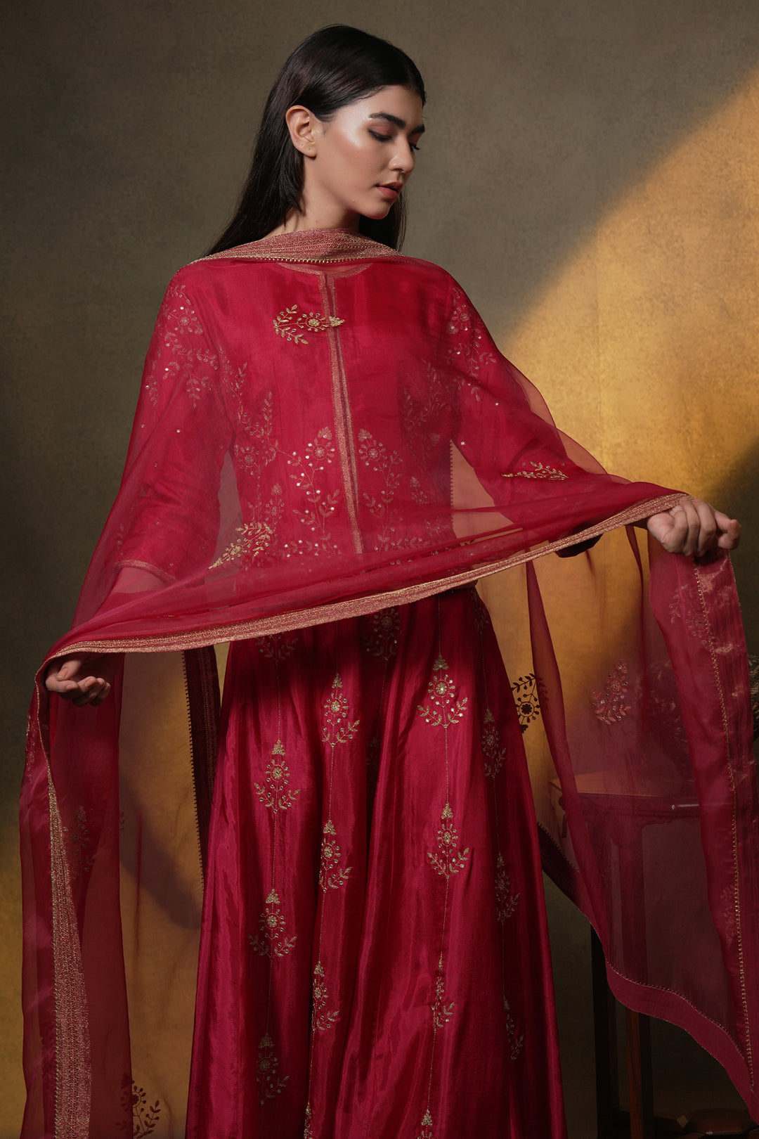 Pink Hand Embroidered Silk Lehenga with Kurti & Dupatta - Set of 3
