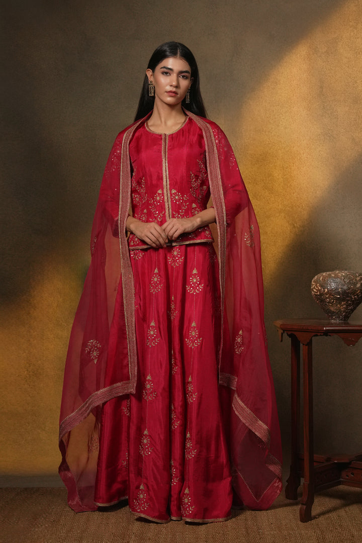 Pink Hand Embroidered Silk Lehenga with Kurti & Dupatta - Set of 3