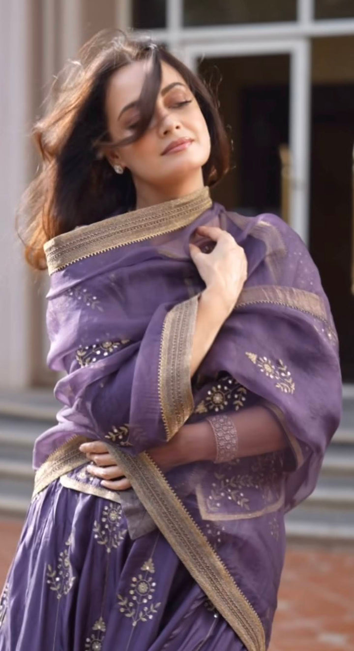 Dia Mirza in Purple Hand Embroidered Silk Lehenga Set with Kurti & Dupatta