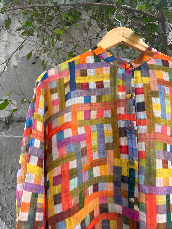Multicolor Printed Chanderi Oversized Shirt