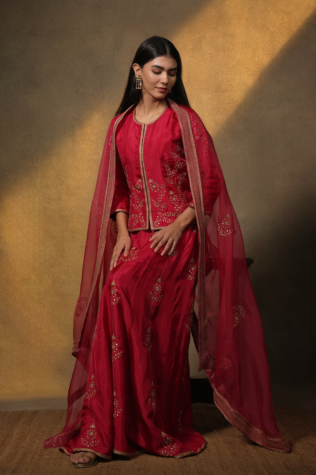 Pink Hand Embroidered Silk Lehenga with Kurti & Dupatta - Set of 3