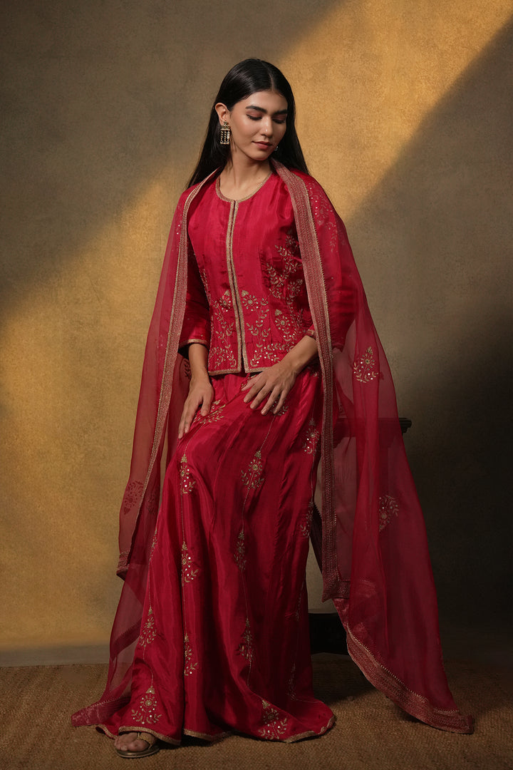 Pink Hand Embroidered Silk Lehenga with Kurti & Dupatta - Set of 3