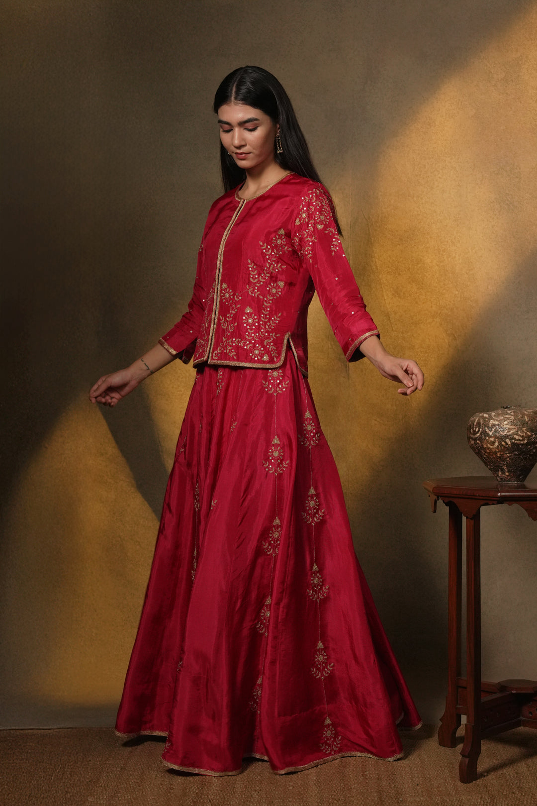 Pink Hand Embroidered Silk Lehenga with Kurti & Dupatta - Set of 3