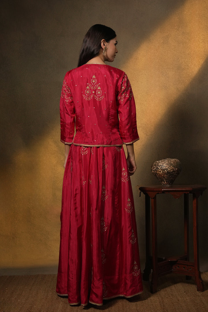 Pink Hand Embroidered Silk Lehenga with Kurti & Dupatta - Set of 3