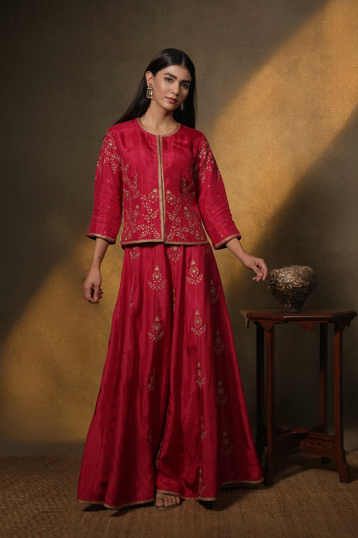 Pink Hand Embroidered Silk Lehenga with Kurti & Dupatta - Set of 3