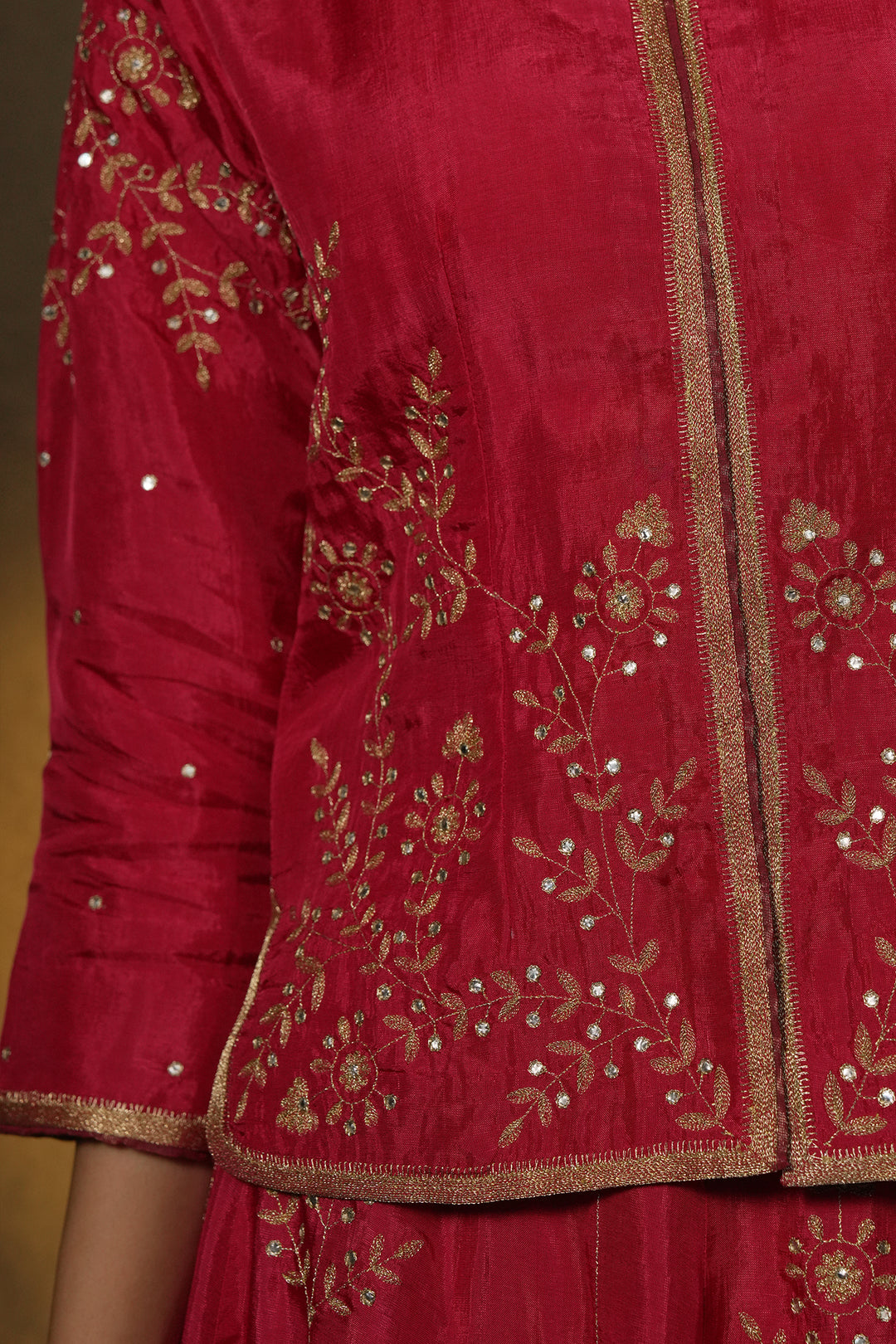Pink Hand Embroidered Silk Lehenga with Kurti & Dupatta - Set of 3