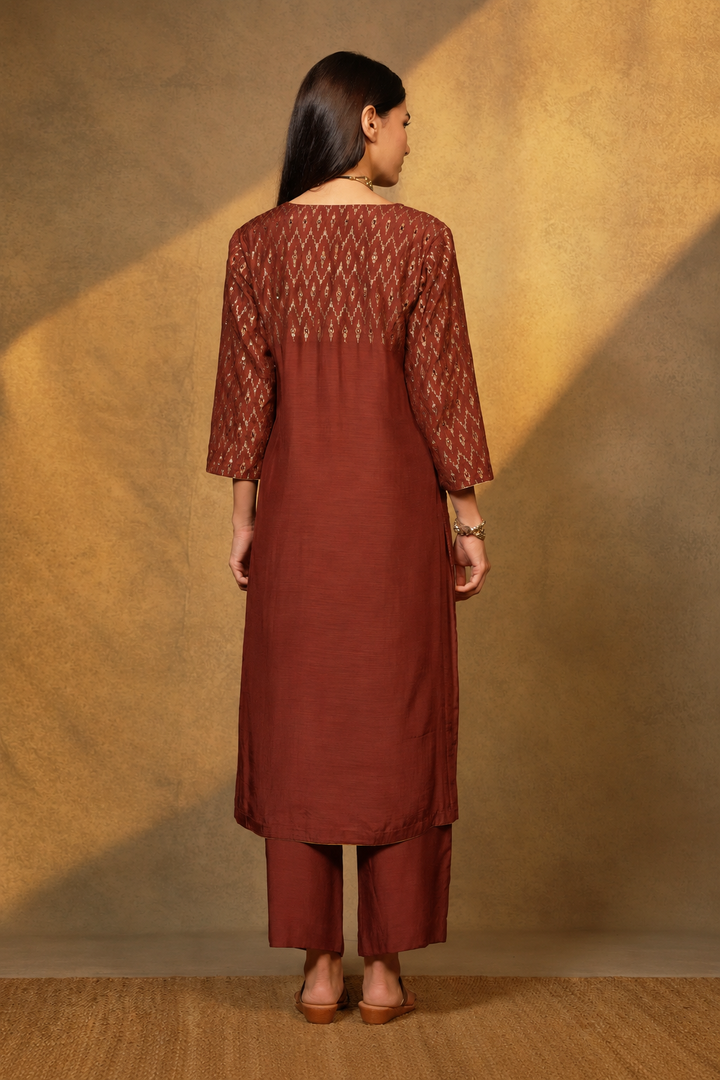 Rust Embroidered Cotton Silk Kurta with Pants and Dupatta